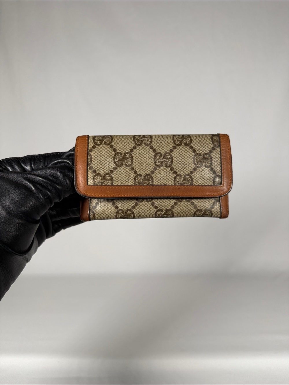 Vintage Gucci Beige & Brown GG Canvas Card Wallet with Leather Trim